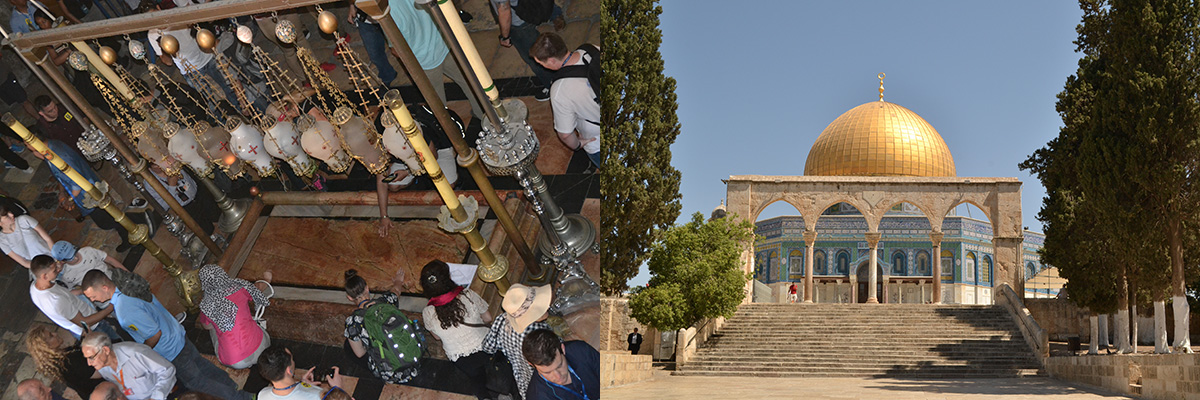 Jérusalem : La pierre de l'Onction et le Dôme du Rocher.