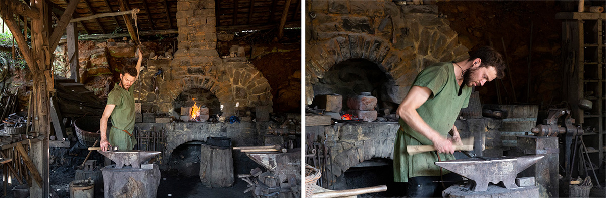 Le forgeron à la forge réparent et fabriquent les outils. Ils réalisent aussi toutes les pièces métalliques du château. © Caroline Paux