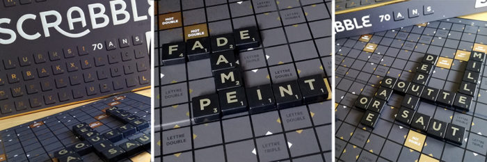 Scrabble lance une édition limitée au design nouveau et sophistiqué : Scrabble 70e Anniversaire avec un plateau et des jetons noirs et or.