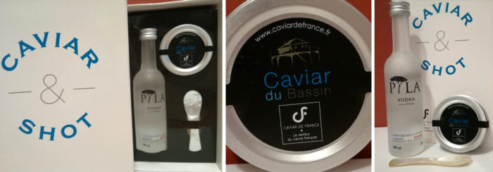 Caviar de France propose le coffret Caviar et Shot qui renferme une boîte de Caviar du Bassin, une mini bouteille de vodka Pyla Excellium et une cuillère.