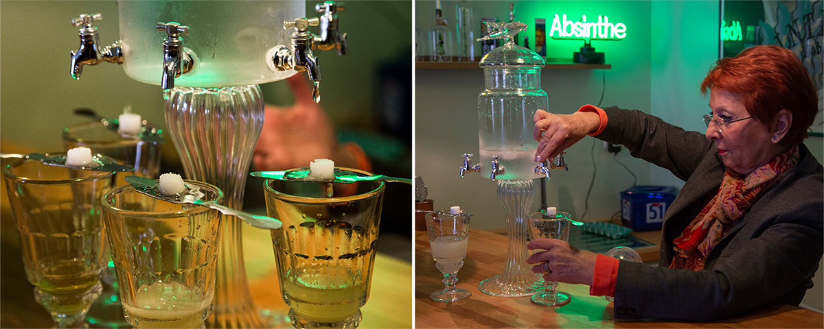 Au musée de l’absinthe, Marie-Claude Delahaye peut vous faire découvrir le rituel de l’absinthe.