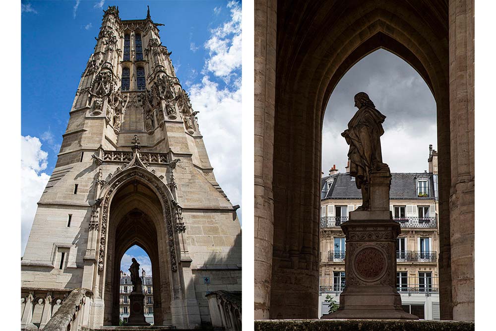 Sous la Tour Saint-Jacques, la statue de Blaise Pascal qui aurait réalisé une expérience sur la pesanteur le 8 octobre 1648.