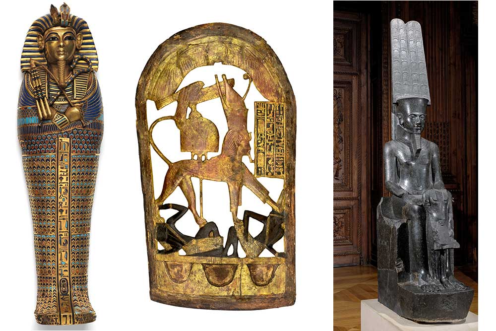 Cercueil miniature canope à l’effigie de Toutânkhamon. Bouclier cérémoniel en bois doré représentant le roi sous les traits d’un sphinx piétinant les ennemis nubiens. Le dieu Amon protègeant Toutânkhamon.