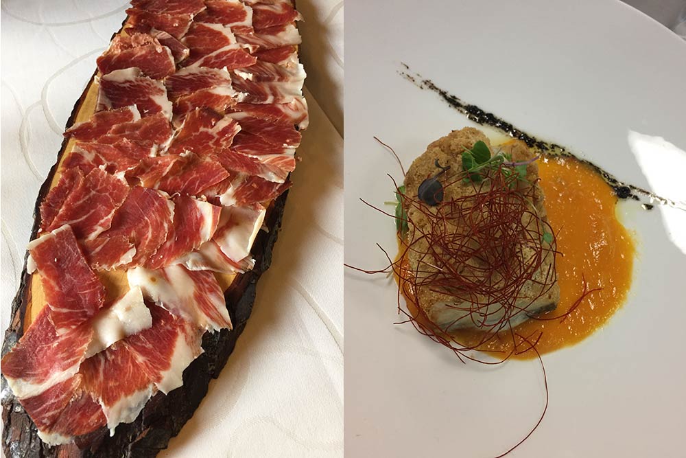 Plat de jambon ibérique (restaurant El Almirez) et plat de poisson (restaurant Succo)
