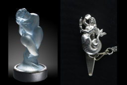 Bouchon de radiateur Sirène, René Lalique Verre moulé-pressé patiné, métal, 1920 Musée Lalique, Wingen-sur-Moder et Mélusine Châtelaine en argent, Historial de la Vendée