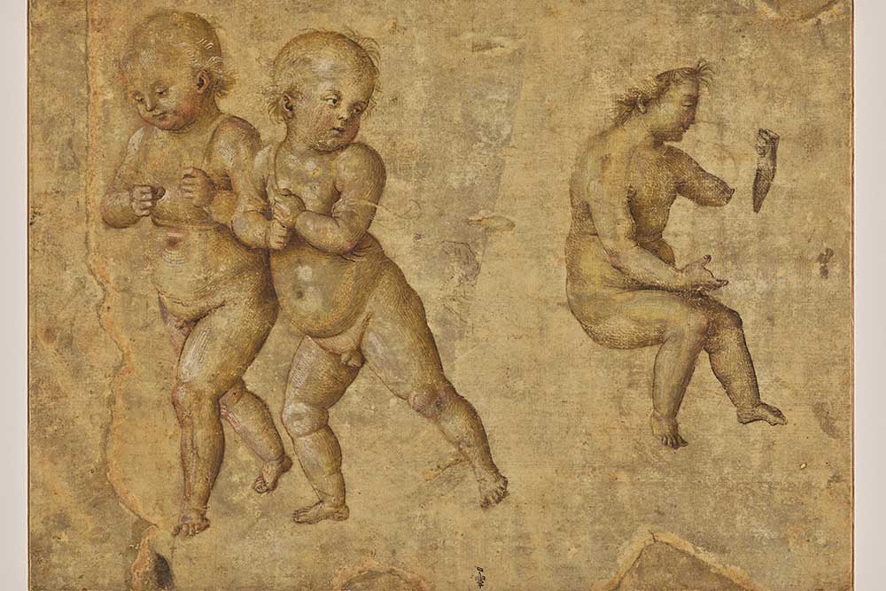 Pinturicchio (atelier) - Deux enfants debout, un enfant assis - Plume et encre RECTO
