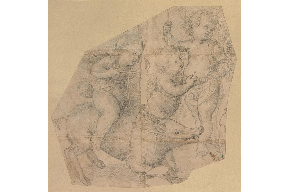 Raffaello Sanzio, dit Raphaël (Urbino, 1483-Rome, 1520) Deux enfants nus montés sur des sangliers et jouant à la lance en présence de six autres enfants nus
