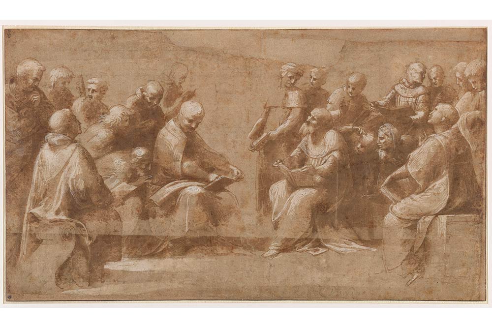 Raffaello Sanzio, dit Raphaël (Urbino, 1483-Rome, 1520) Etude pour la Dispute du Saint Sacrement : vingt clercs et ecclésiastiques discutant