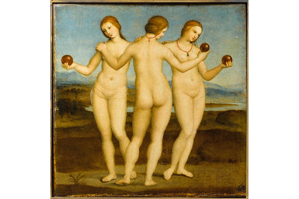 Raffaello Sanzio, dit Raphaël (Urbino, 1483-Rome, 1520) - Les Trois Grâces Huile sur bois 17x17,6 cm (hors encadrement XIXe) - Chantilly, musée Condé