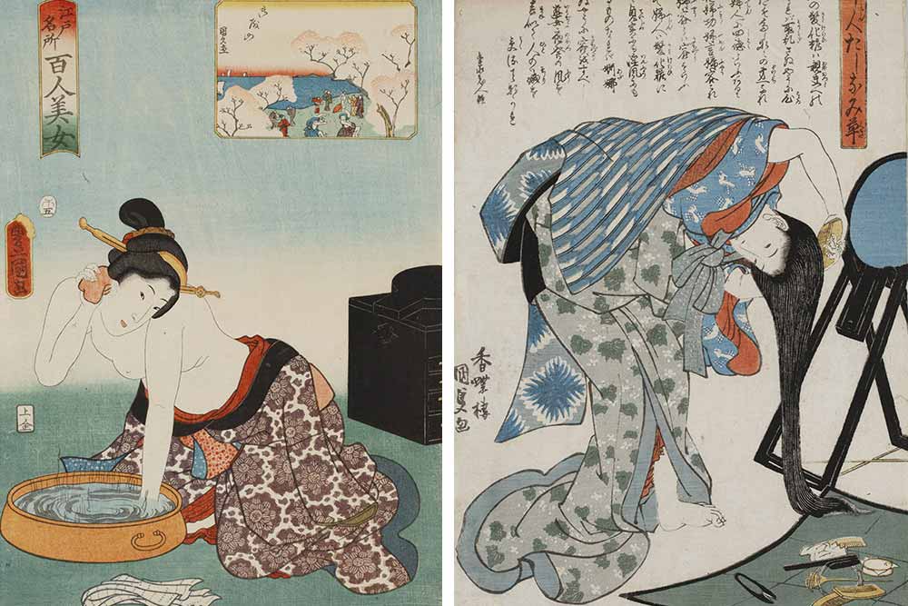 Secret de Beauté - Estampes représentant deux femmes se lavant avec un nuka et se brossant les cheveux