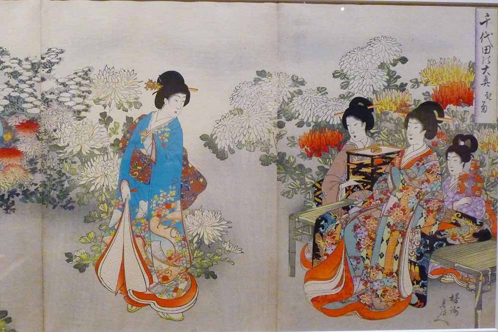 Le gynécée de Chiyoda par Yôshû Chikanobu : la visite aux chrysanthèmes (détail)