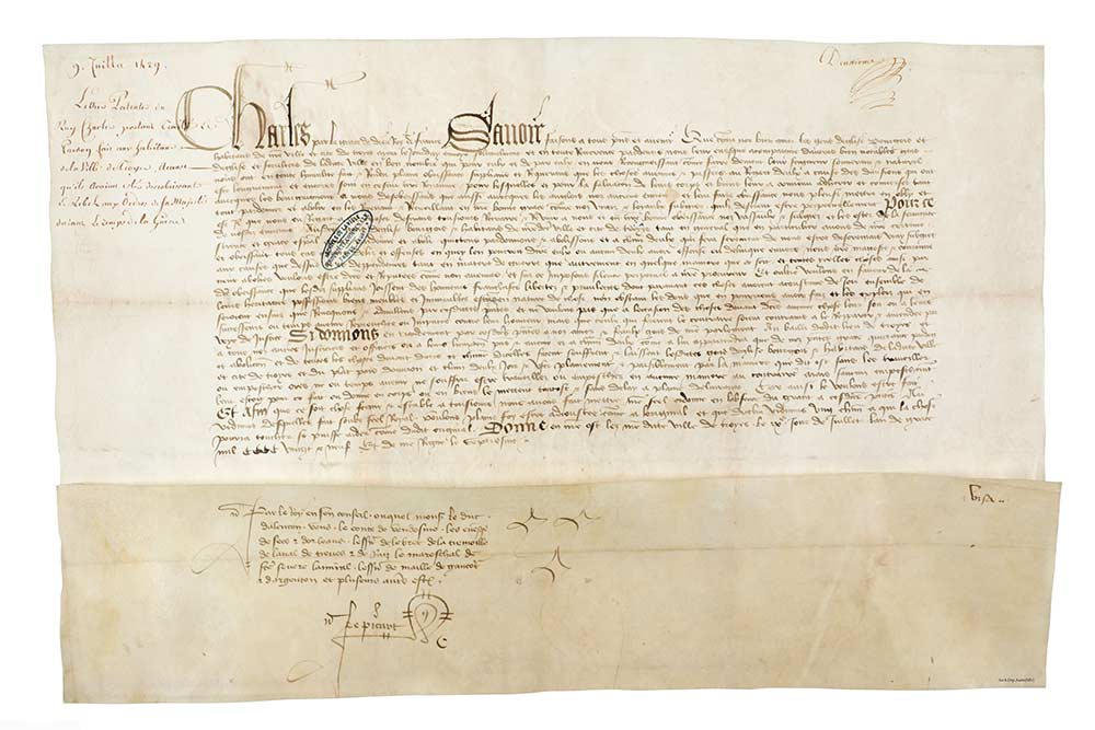 Troyes 1420 - Lettres patentes de Charles VII accordant son pardon aux habitants de Troyes. 9 juillet 29, parchemin 44x50,5cm, arch. municip. de Troyes
