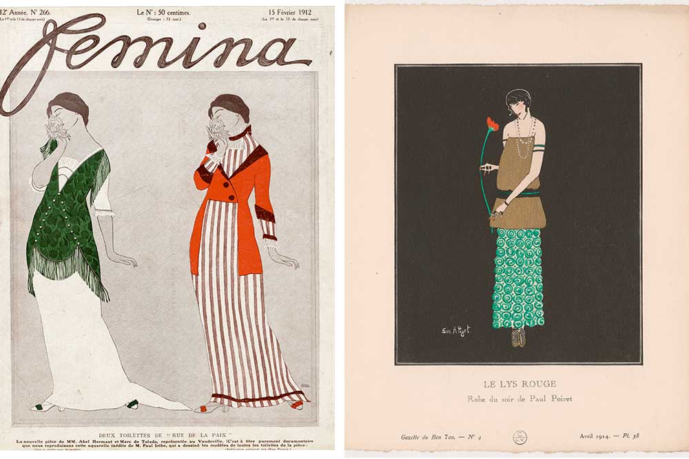 Paul Iribe, couverture de Femina, 15 fevrier 1912 et Simone Puget, le Lys rouge, Gazette du Bon Ton, avril 1914. Litho coloriée au pochoir. Coll privée