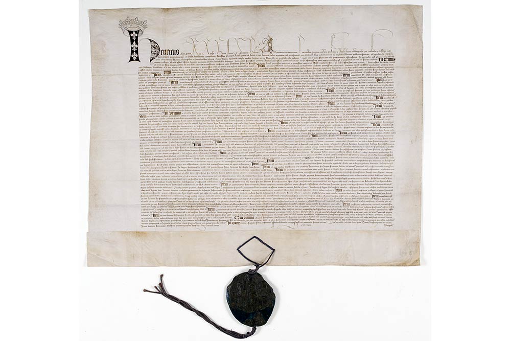 Troyes 1420 - Traité de Troyes au nom d’Henri V, parchemin scellé de cire verte, 54,5x70 cm Paris Archives Nationales