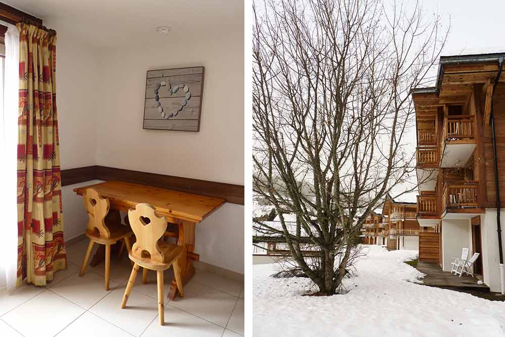 Le coin salle à manger du studio et à droite, vue extérieure de la Belle au Bois