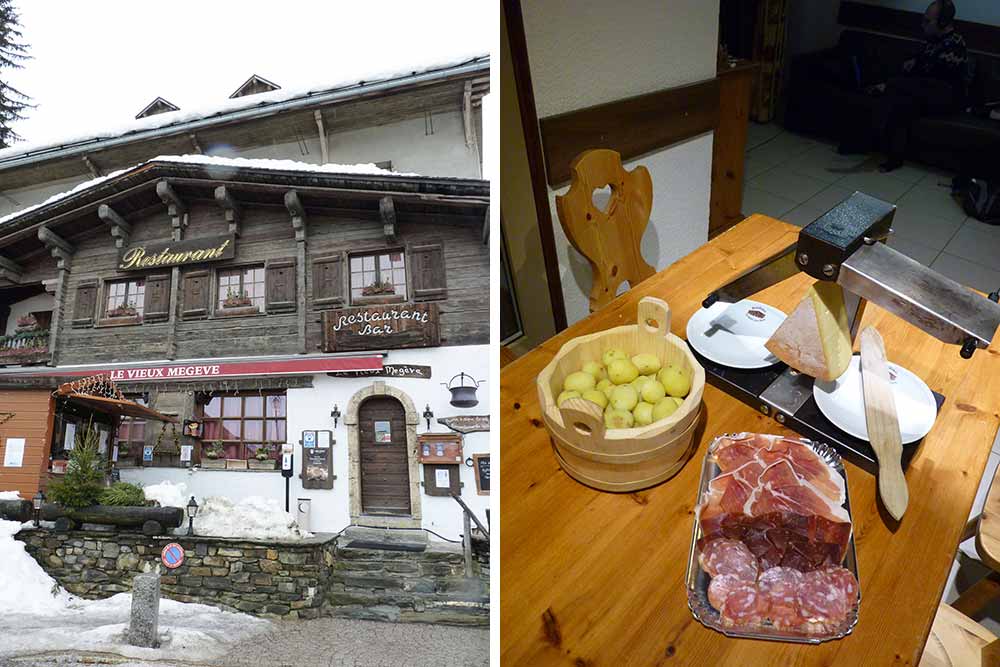 Le restaurant du Vieux Mégève et, à droite, raclette en click and collect, avec appareil traditionnel