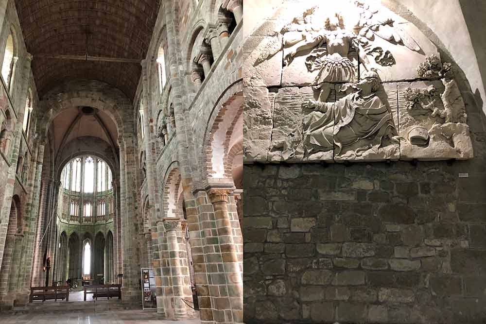 Le coeur de l'abbaye et une des nombreuses sculptures sur ses murs.