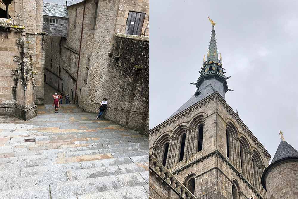 Escalier qui monte vers l'abbaye et la flèche en or qui trône sur le clocher