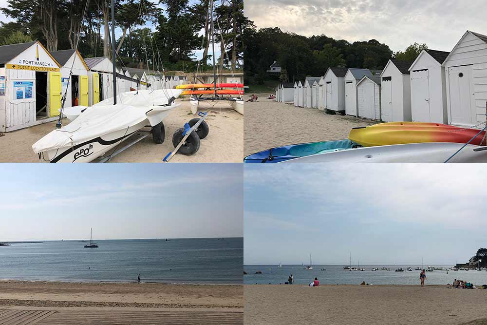 La plage de Port Manec avec son école de voile et ses cabines blanches