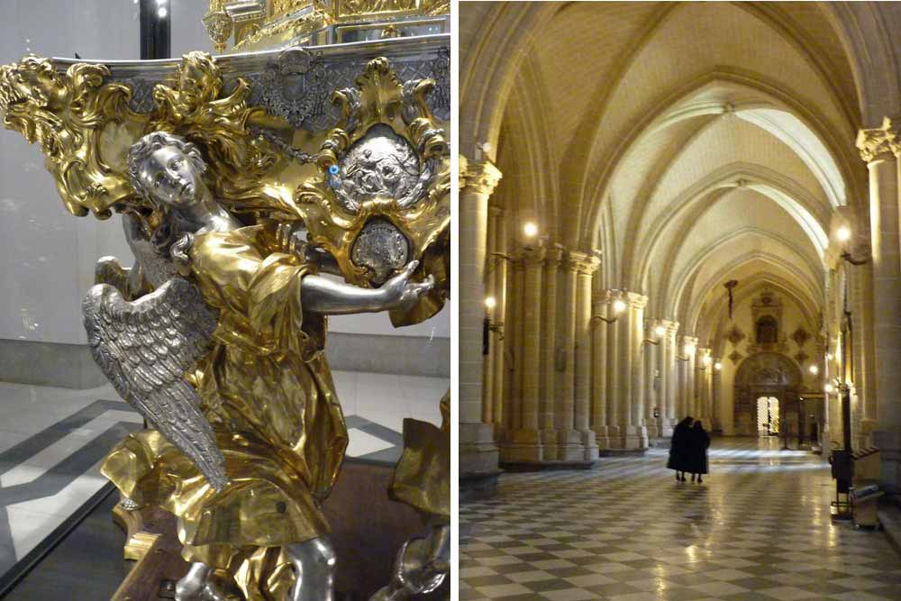 Ange en or et argent massif soutenant l’ostensoir monumental du Trésor (cathédrale de Tolède). Religieuses dans la nef.