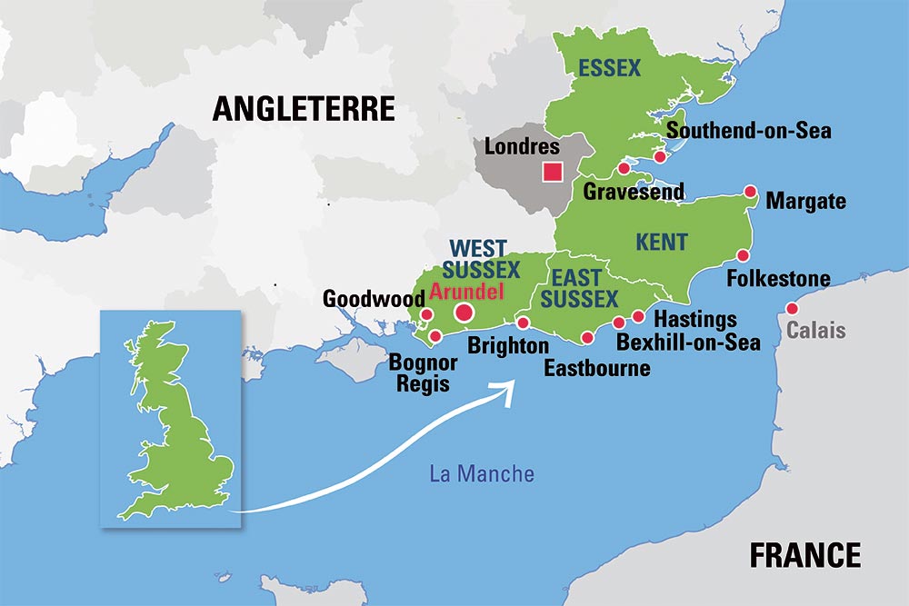 La carte de la Creative Coast avec situation du château d’Arundel dans le West Sussex.
