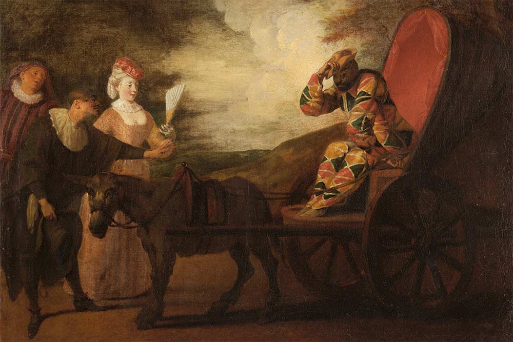 Jean-Antoine Watteau, Arlequin empereur dans la lune, vers 1707 – 1708, huile sur toile, 65 x 82 cm, Nantes, Musée d’arts de Nantes,