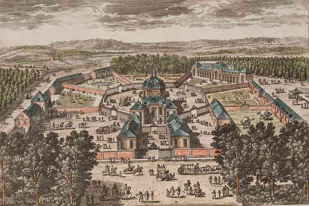 Animaux - Ménagerie de Versailles", eau-forte aquarellée, XVIIe s 