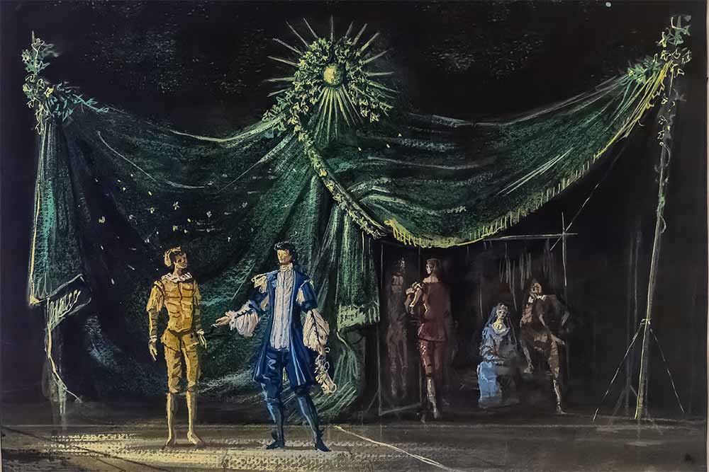 Molière - J. Noël et S. Meldeegg Maquette de décor pour Les Fâcheux, gouache sur canson 1976, BNF