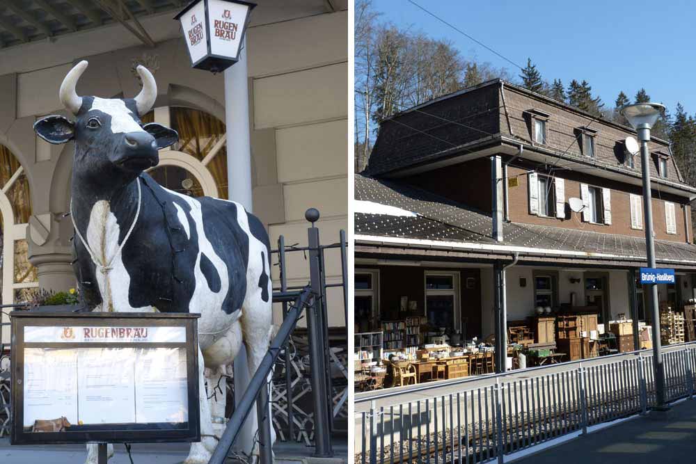 Vache sculptée (spécialité d’Interlaken) et brocante dans une gare