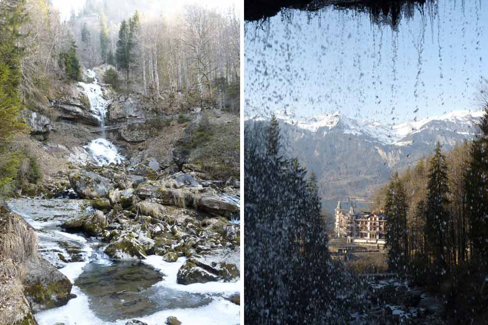 Grand Tour de Suisse : La cascade et vue du Grand hôtel derrière les gouttes…