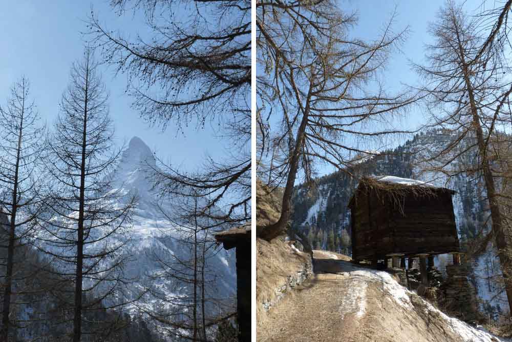 Grand Tour - de Suisse : Le mont Cervin et à droite, un ancien raccard (grenier à grain)