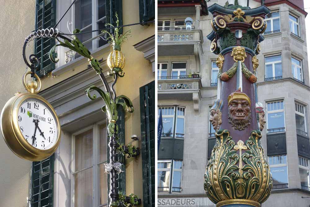 Horloge et à droite, détail de la fontaine du Carnaval