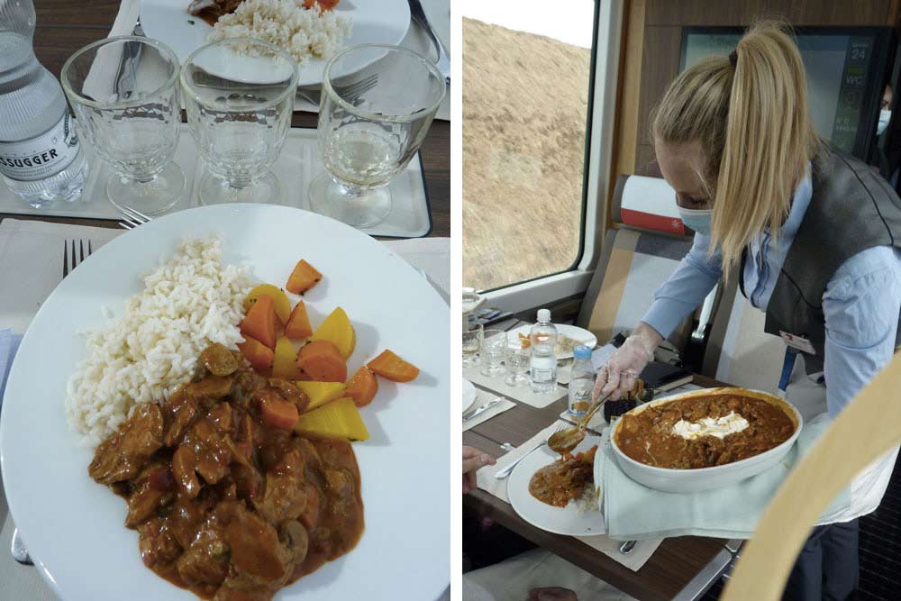 Suisse en Train - Plat servi à bord : un émincé de poulet Stroganoff avec riz et carottes 