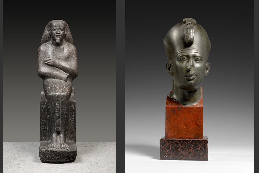 Statue de Montouemhat Gouverneur de Thèbes, granodiorite, h 49,5cm et tête du pharaon Psammétique II grès, h.12,5cm (sans le socle)