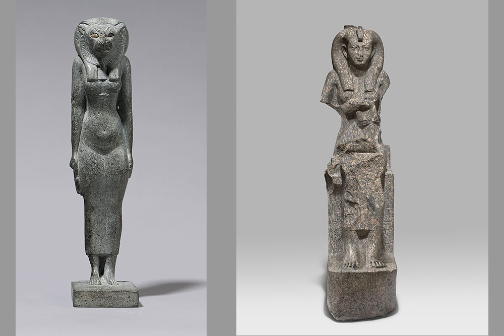 Statuette de la déesse Bastet au nom de Piânkhy et de la reine Kenesat. Schiste, h. 24,5cm. Statuette d’Isis allaitant Horus dédié par la divine adoratrice Chépénoupet II en grès, h. 23cm 