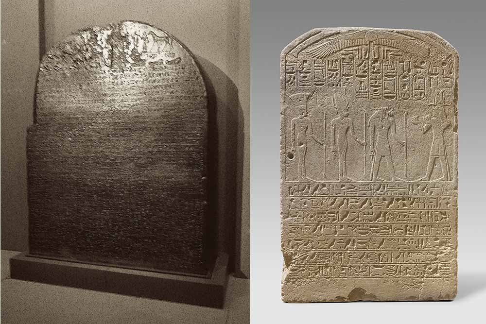 Stèle triomphale du roi Piânkhy, 177cm x 145,8, moulage XIXe de l'original de granit copnservé au musée du Caire et Stèle d’Ousersatet, vice-roi de Koush, chef des pays du Sud. Grès,118x75cm