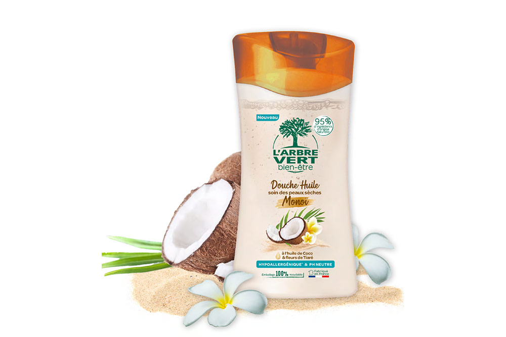 Arbre Vert Bien-être - La douche huile Monoï à l’huile de coco et fleurs de Tiaré nettoie la peau en douceur.