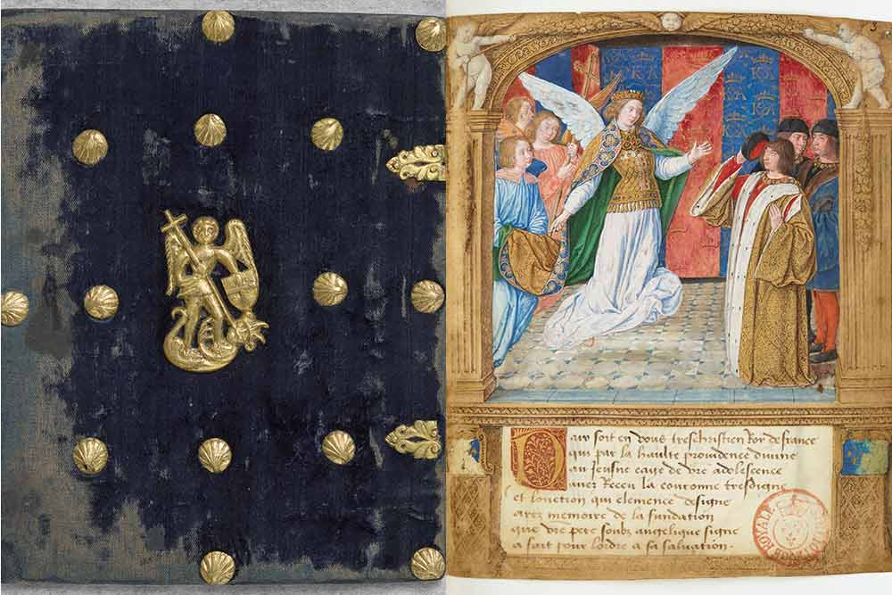 Statuts de l'ordre de Saint-Michel. Manuscrit enluminé par Jean Hey, Moulins, 1493-94. Avec sa reliure d'époque en velours bleu, BNF. mss français 14363 folio 3. ©BNF.