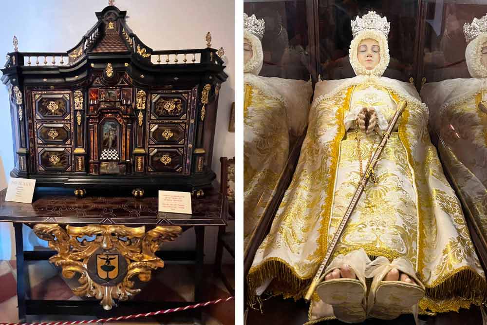 Cabinet en bois sombre et à droite, la Vierge appartenant à la famille Orduno