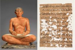 Le Scribe accroupi © Musée du Louvre ph. Christian Decamps et Rare papyrus, XIIIe s av JC, prov. du comte de Reverseaux déb. XIXe. © Musee du Louvre RMN Grand Palais, ph. Christian Decamps