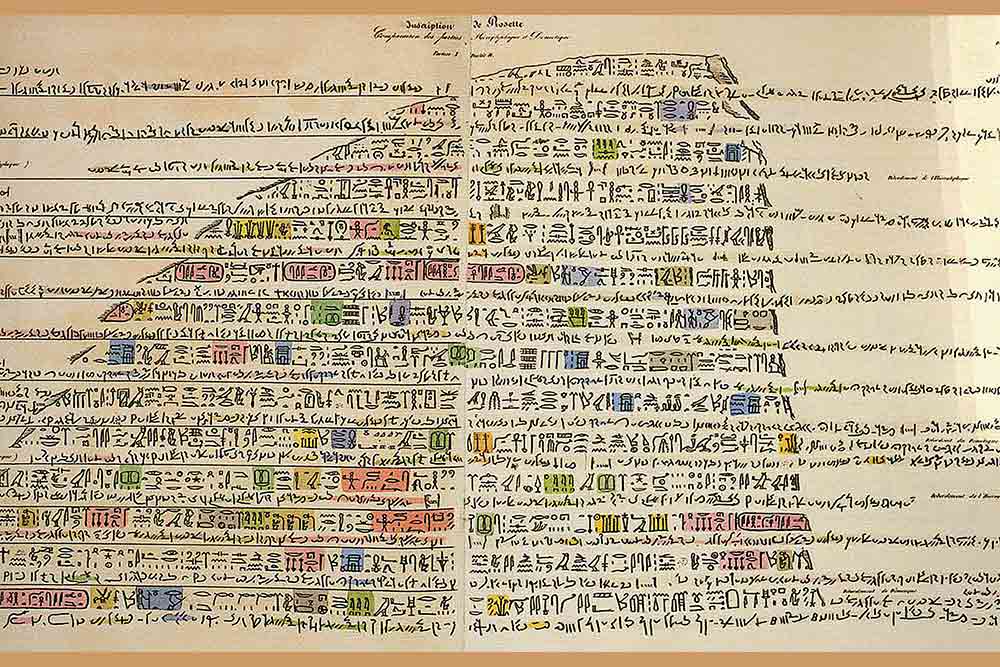 Transcription de la pierre de Rosette par J.-F. Champollion, ©Figeac Les Écritures du Monde ph. Gilles Tordjeman 