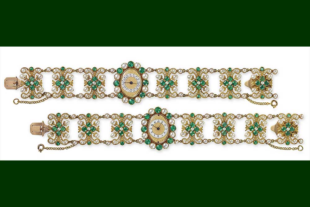 Beauharnais - François Nitot, paire de bracelets montre d'Auguste-Amélie, or, émeraudes, perles fines.©Chaumet ph Nils Hermann