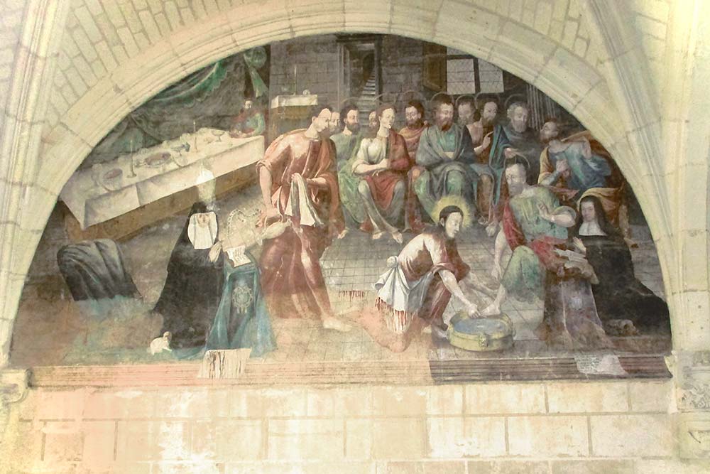 Thomas Pot, le Lavement des pieds, à gauche, l'abbesse Éléonore de Bourbon, fresque de la salle capitulaire fin XVIe