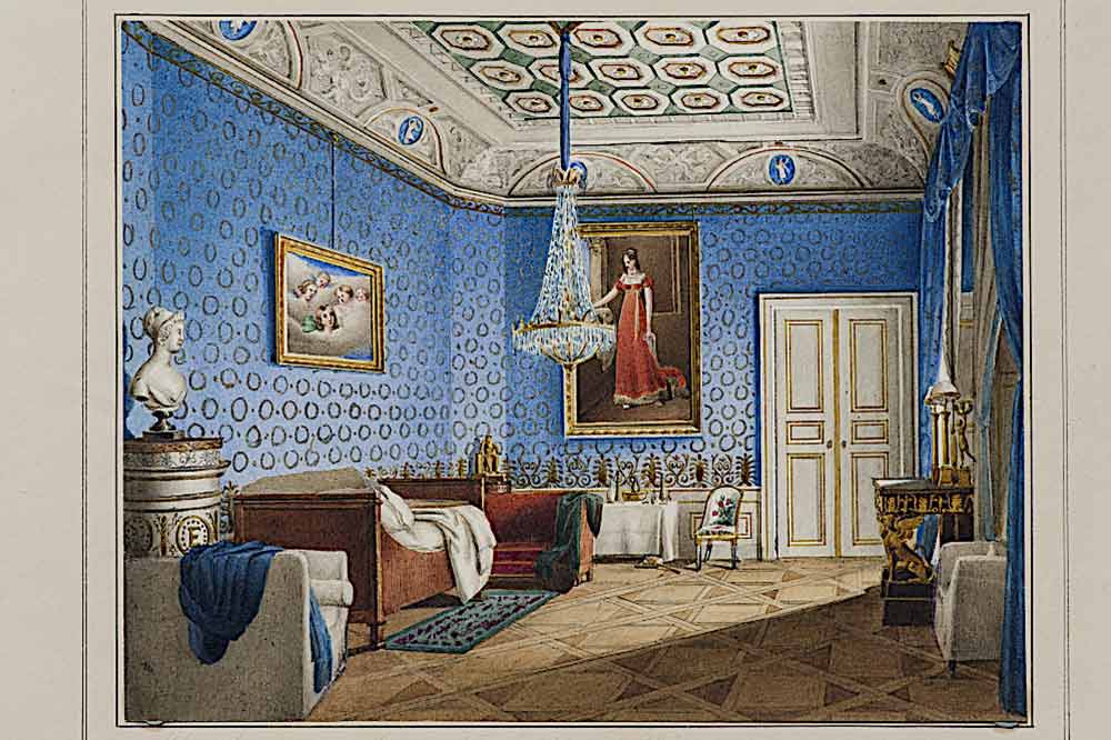 Beauharnais - La chambre d'Eugène au Palais de Leuchtenberg où il meurt en 1824, aquarelle ©The Royal Court Sweden ph Alexis Daflos