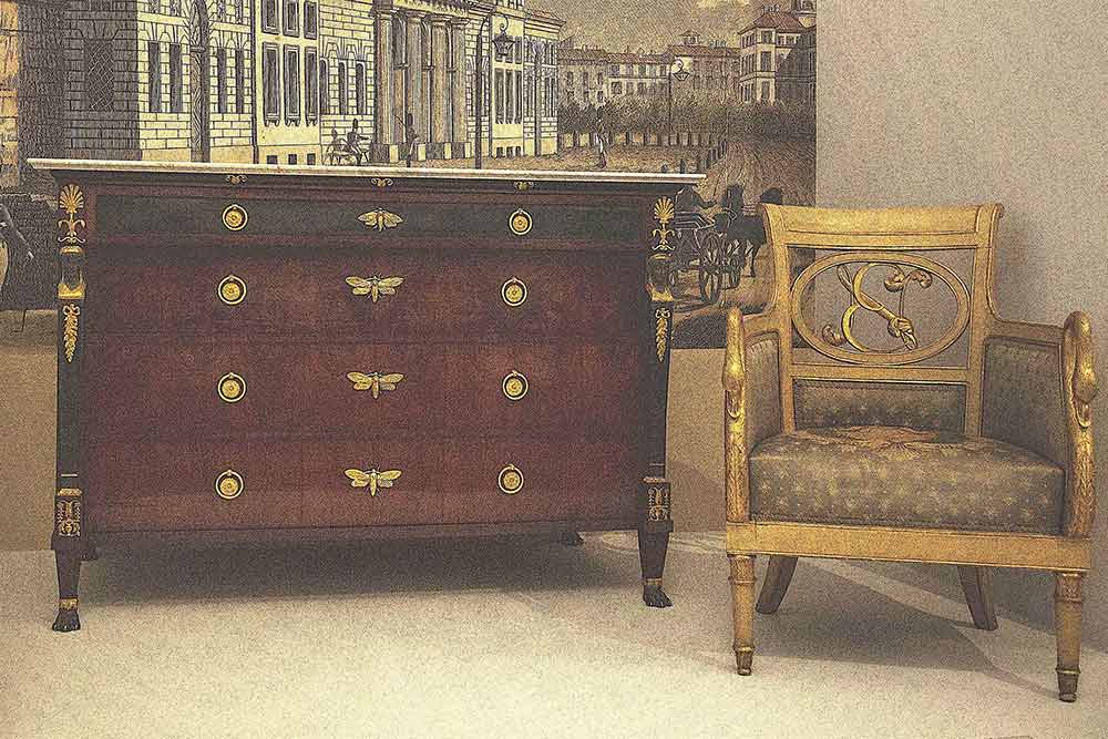 Commode à décor de papillons de nuit et fauteuil bois doré monogrammé par Luigi Zuccoli. © Rmn Grand Palais, ph.Simon Lerat 