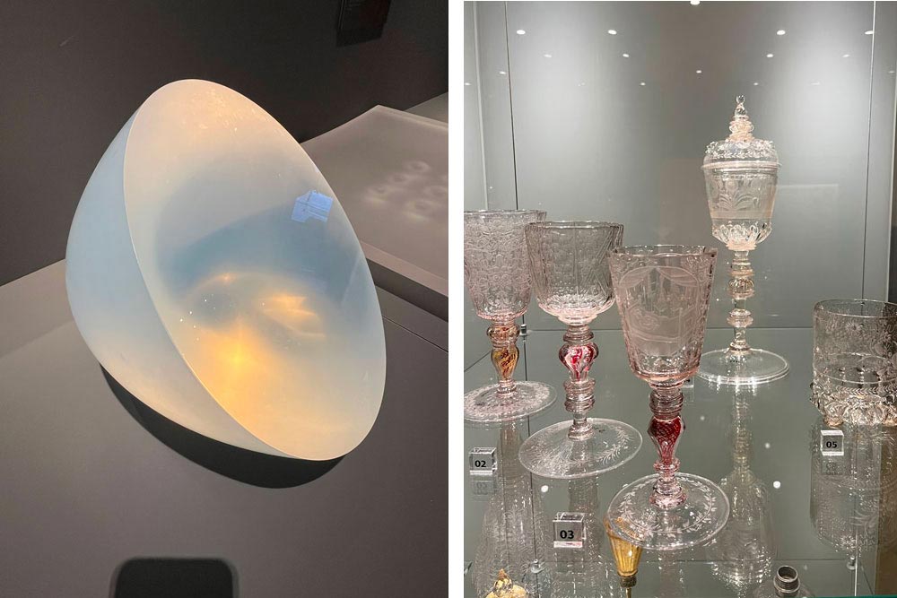 Moitié d’oeuf en verre par Pul Vejce et verres du XVIIIe siècle ((musée de la Bohême du Nord)