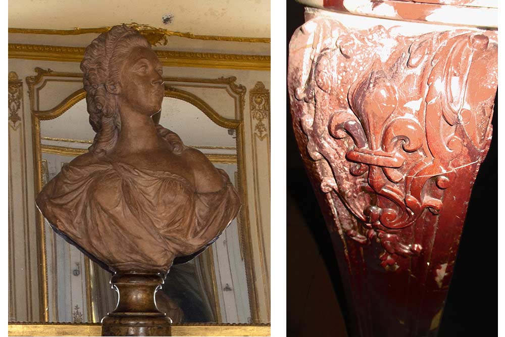 Buste  de la Comtesse du Barry, moulage XIXe d'après Augustin Pajou, château de Versailles©Didier Saulnier - 12-Fleur de lys XVIIIe sculptée sur l'angle d'une cheminée de marbre 
