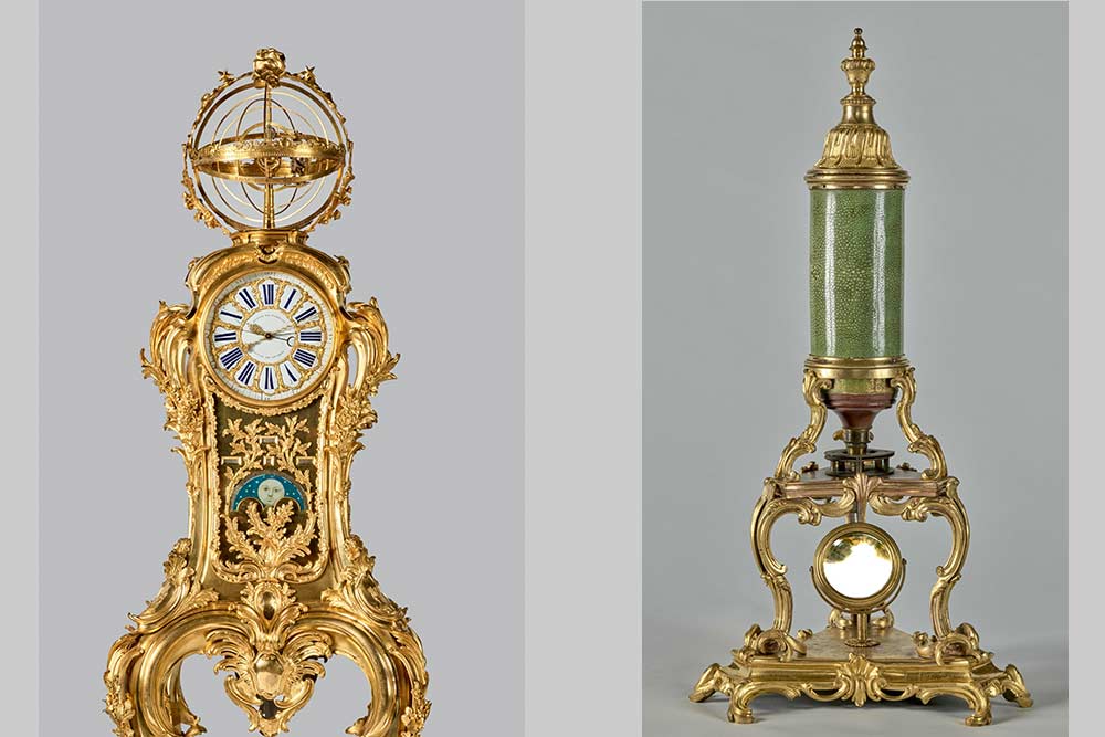 Cl.-S. Passemant et Ph. Caffiéri, La pendule astronomique dans sa cage de bronze dorée – et Microscope tripode gainé de galuchat, château de Versailles RMN 