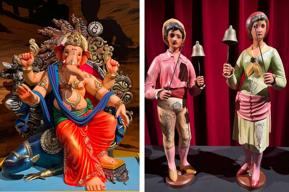 Figure populaires flamandes et à gauche, la divinité hindouiste Ganesh