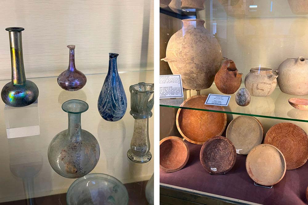 Flacons de verre romains (2e siècle ap.J.C.) et poteries du début de l’Age du Bronze (3300 à 1900 av.J.C.) au musée de la Citadelle
